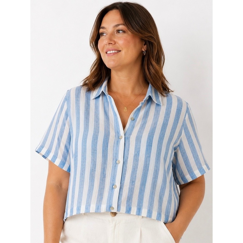 Cynthia Rowley XL 100% Linen Blue White Stripe Cropped Button Shirt Coastal